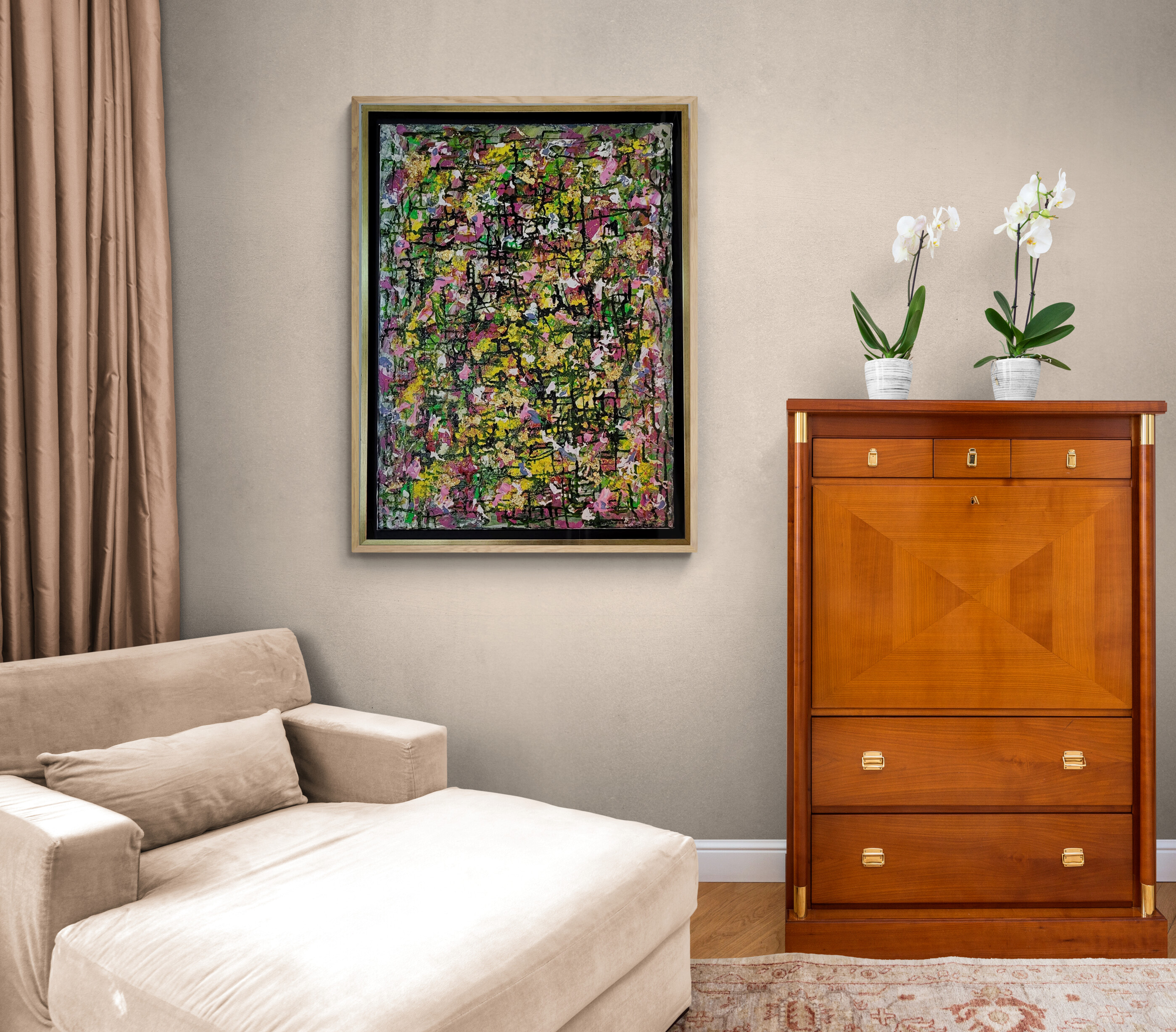 Vitrail 2 Dimensions : 50×70 cm Technique mixte Caisse américaine : noire et dorée 490 €